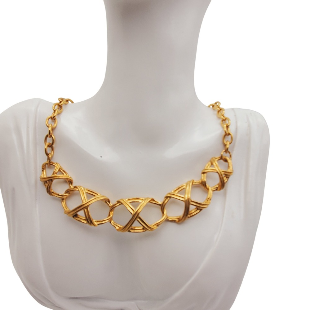 Avon Choker Gold Tone Necklace Bamboo Trellis X Open Link Bib Collar‎ Statement